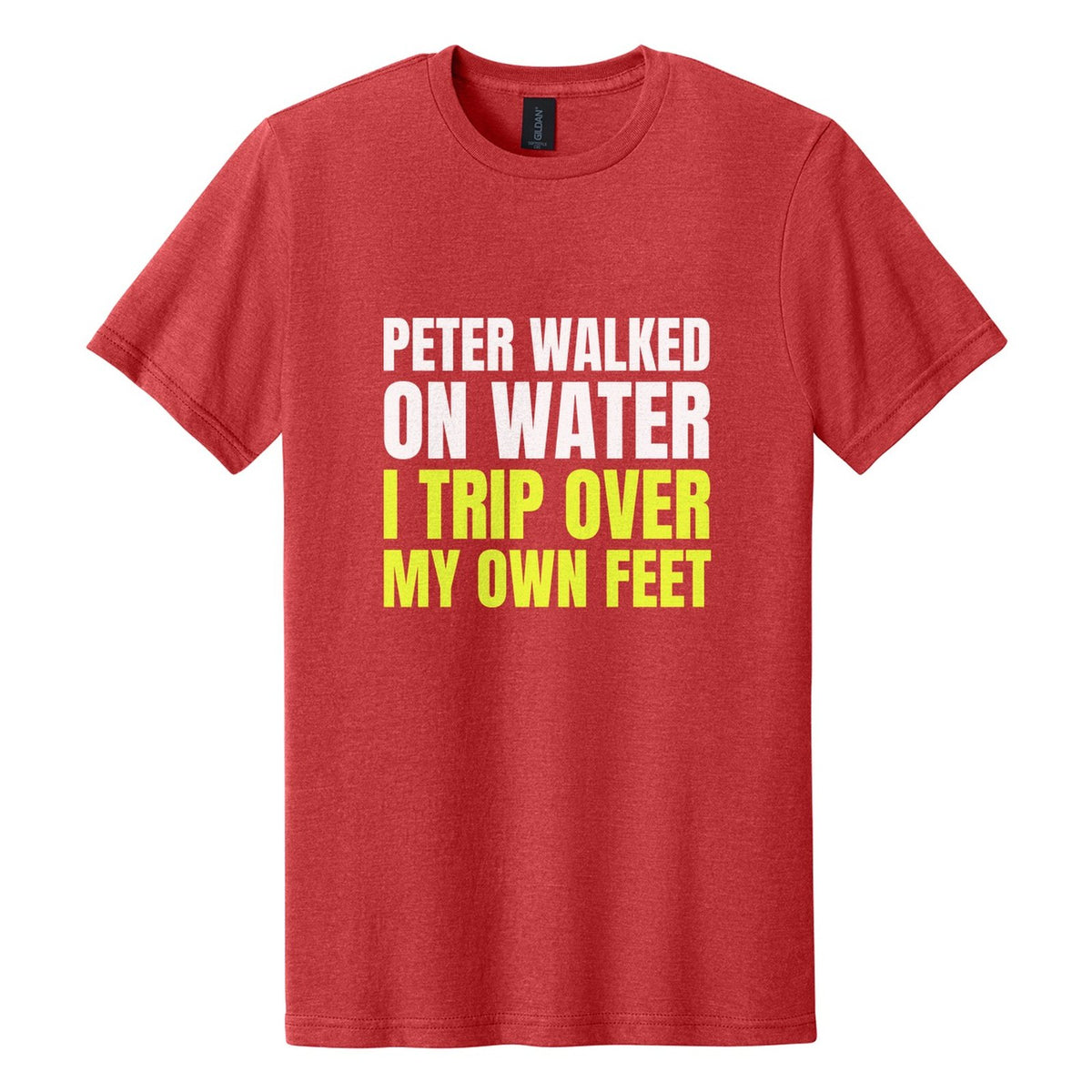 Peter Walked on Water. I Trip Over My Own Feet tee in Red Mist, Anton font, White + Neon Yellow ink