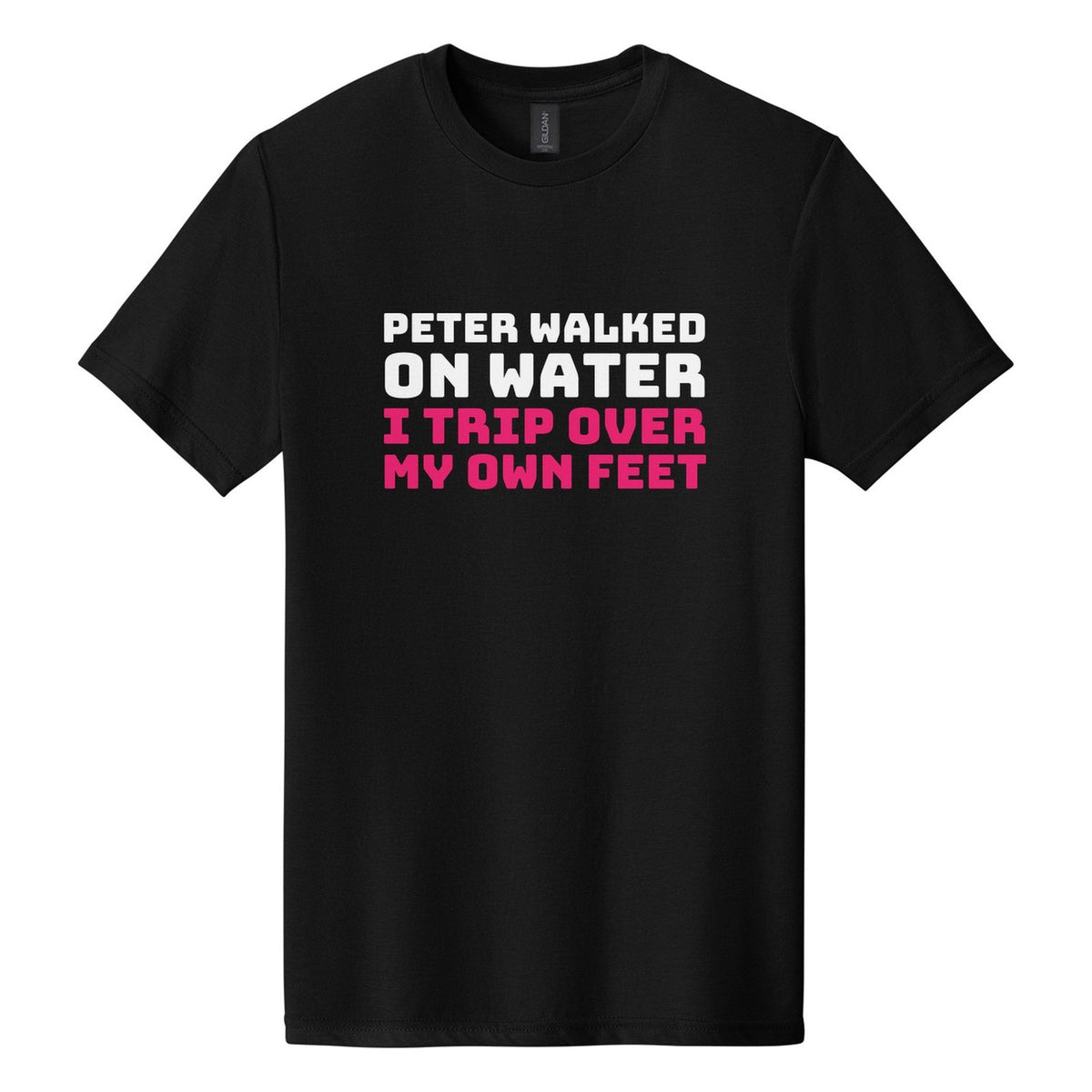 Peter Walked on Water. I Trip Over My Own Feet tee in Pitch Black, Bungee font, White + Hot Pink ink