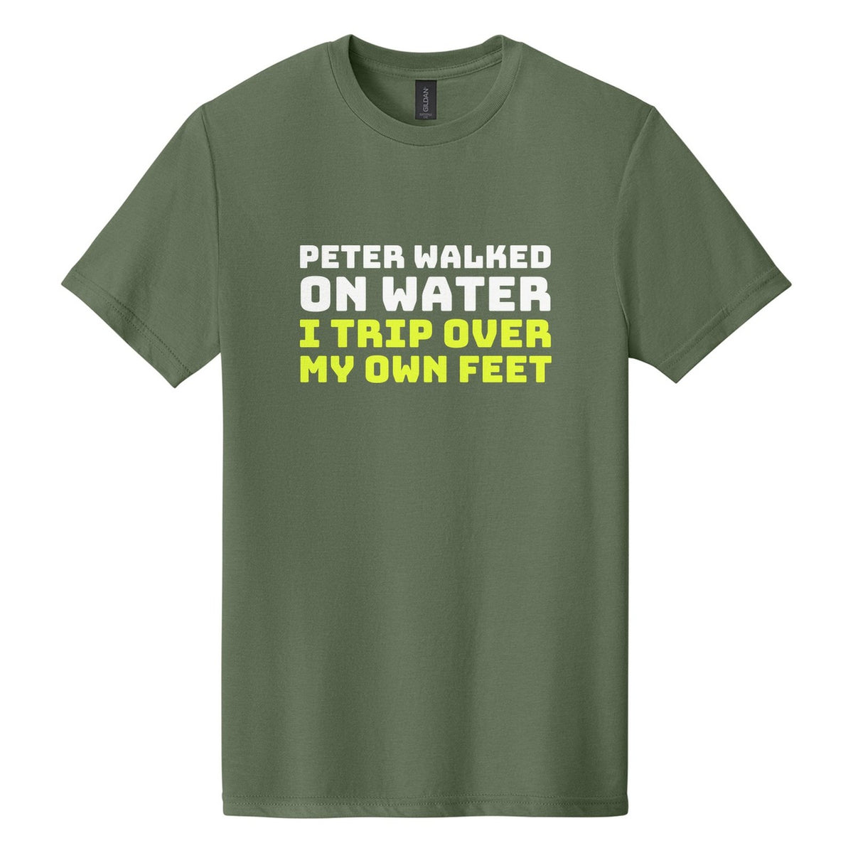 Peter Walked on Water. I Trip Over My Own Feet tee in Cactus, Bungee font, White + Neon Yellow ink