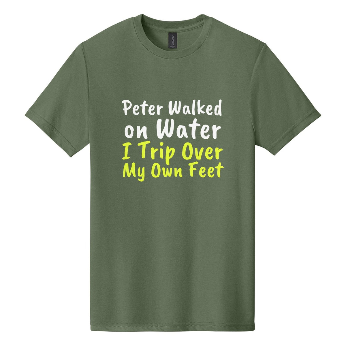 Peter Walked on Water. I Trip Over My Own Feet tee in Cactus, Caveat Brush font, White + Neon Yellow ink