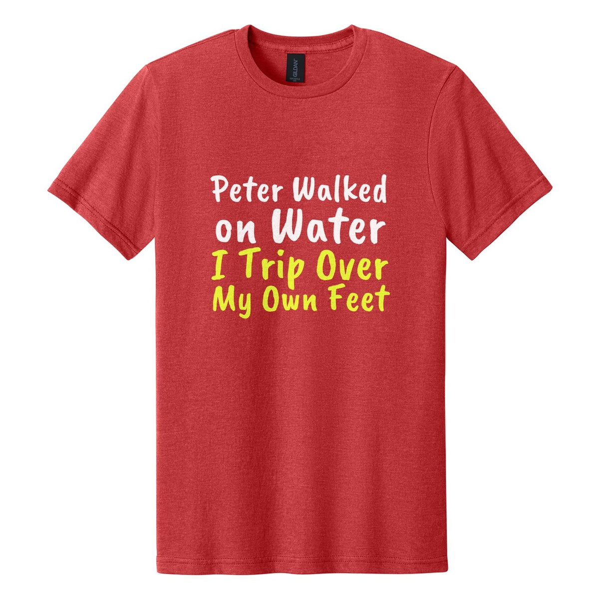 Peter Walked on Water. I Trip Over My Own Feet tee in Red Mist, Caveat Brush font, White + Neon Yellow ink