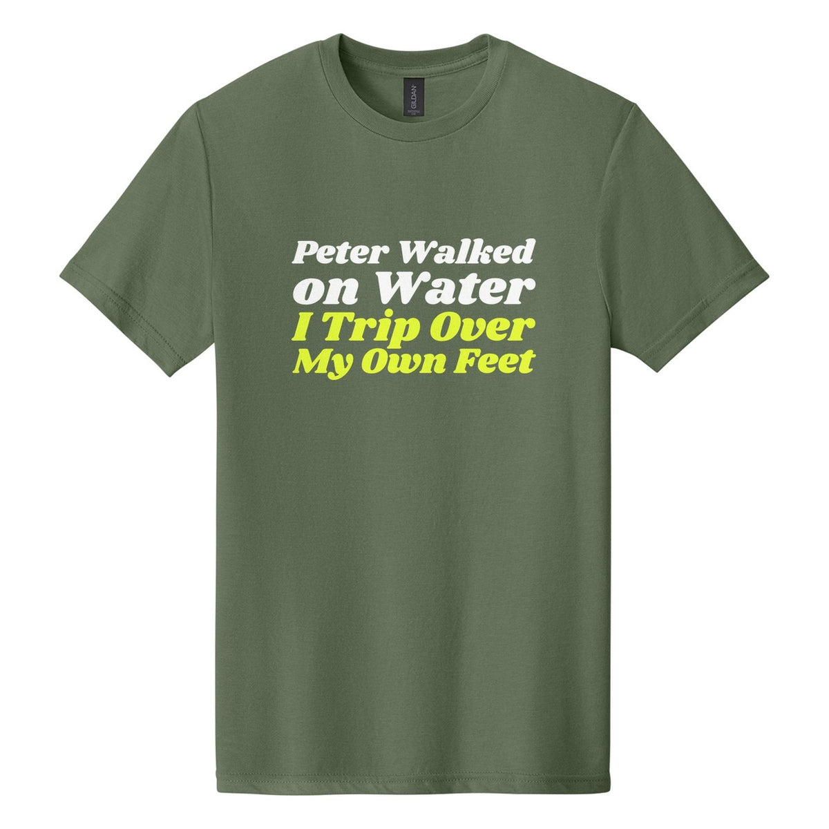 Peter Walked on Water. I Trip Over My Own Feet tee in Cactus, Shrikhand font, White + Neon Yellow ink