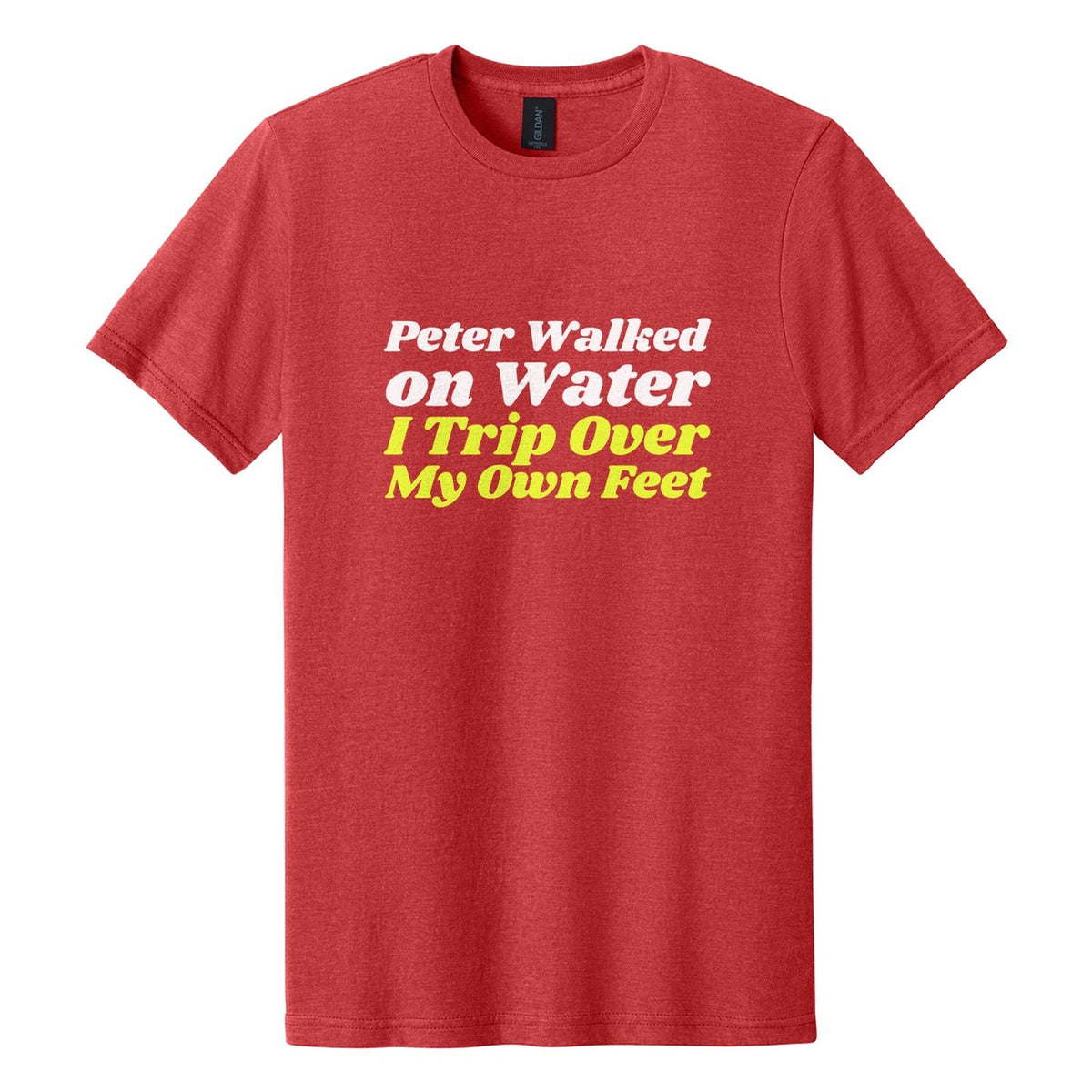 Peter Walked on Water. I Trip Over My Own Feet tee in Red Mist, Shrikhand font, White + Neon Yellow ink