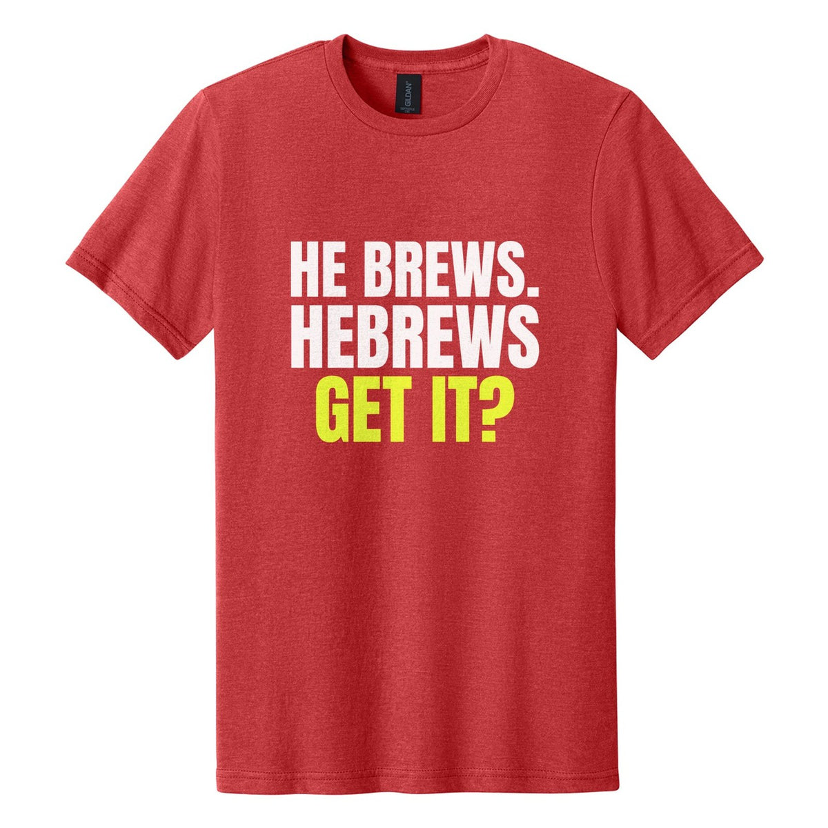 He Brews. Hebrews. Get It? tee in Red Mist, Anton font, White + Neon Yellow ink