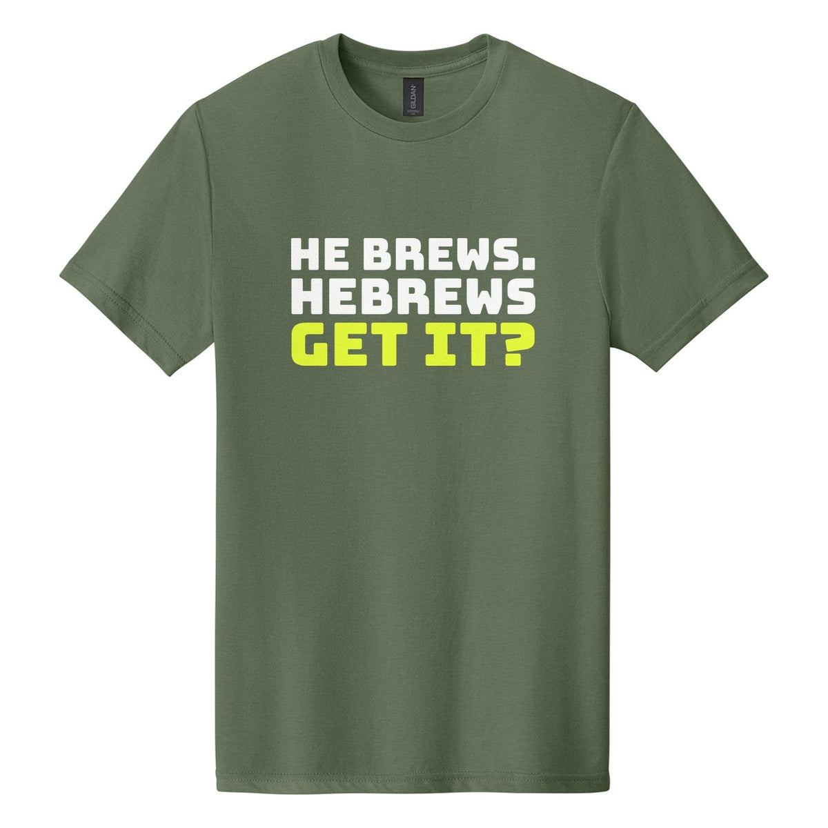 He Brews. Hebrews. Get It? tee in Cactus, Bungee font, White + Neon Yellow ink
