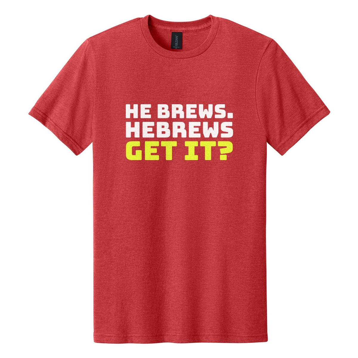 He Brews. Hebrews. Get It? tee in Red Mist, Bungee font, White + Neon Yellow ink