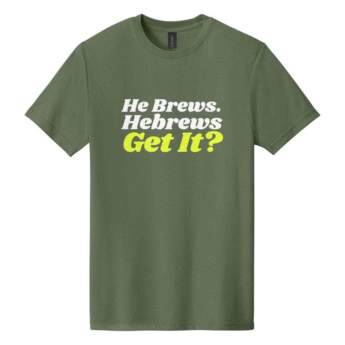 He Brews. Hebrews. Get It? tee in Cactus, Shrikhand font, White + Neon Yellow ink