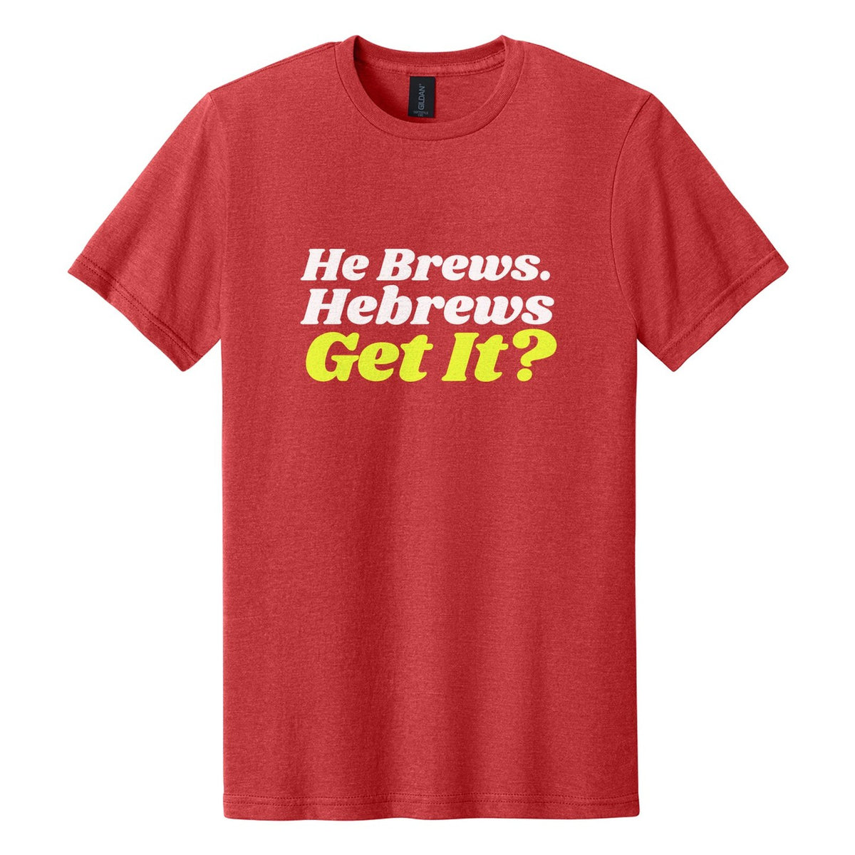 He Brews. Hebrews. Get It? tee in Red Mist, Shrikhand font, White + Neon Yellow ink
