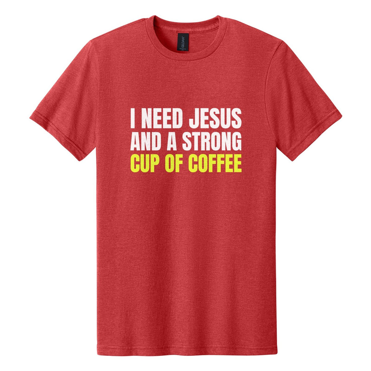 I Need Jesus and a Strong Cup of Coffee tee in Red Mist, Anton font, White + Neon Yellow ink