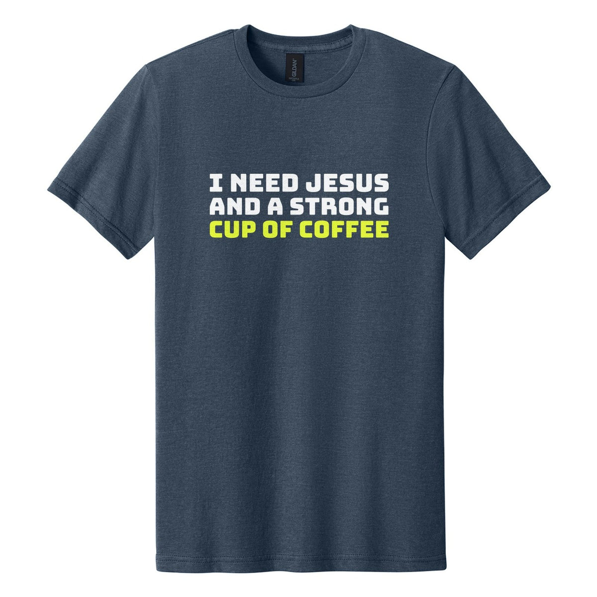 I Need Jesus and a Strong Cup of Coffee tee in Navy Mist, Bungee font, White + Neon Yellow ink