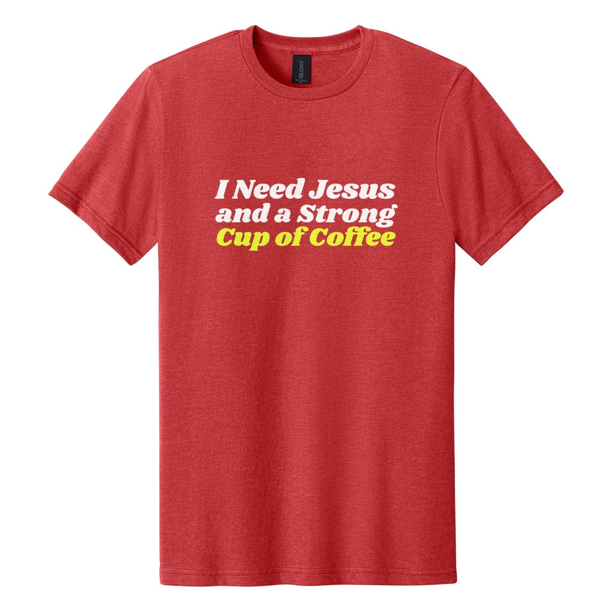 I Need Jesus and a Strong Cup of Coffee tee in Red Mist, Shrikhand font, White + Neon Yellow ink