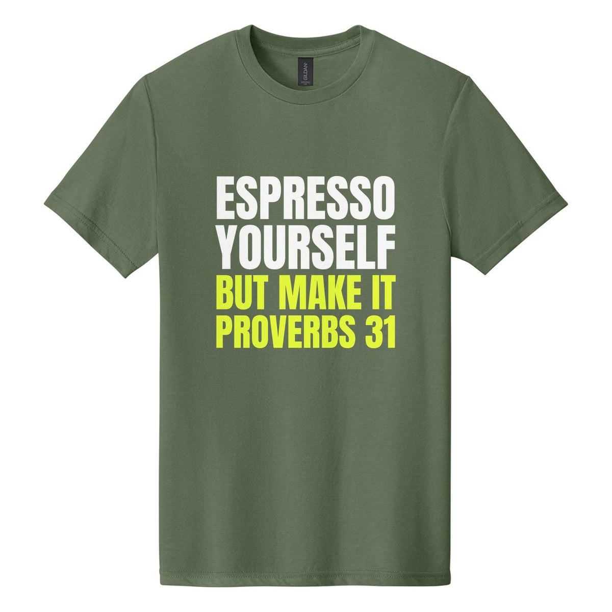 Espresso Yourself. But Make It Proverbs 31 tee in Cactus, Anton font, White + Neon Yellow ink