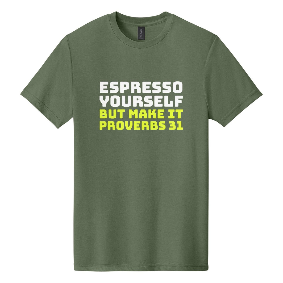 Espresso Yourself. But Make It Proverbs 31 tee in Cactus, Bungee font, White + Neon Yellow ink