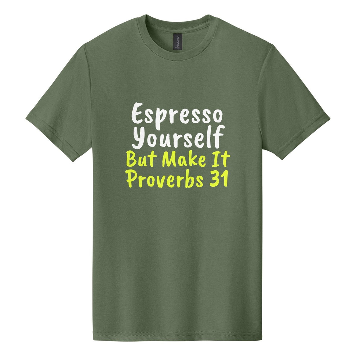 Espresso Yourself. But Make It Proverbs 31 tee in Cactus, Caveat Brush font, White + Neon Yellow ink