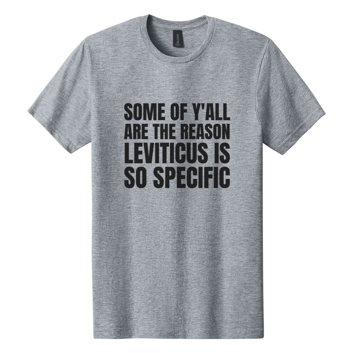 Some of Y'all Are the Reason Leviticus Is So Specific tee in Ring Spun Sport Grey, Anton font, Black ink
