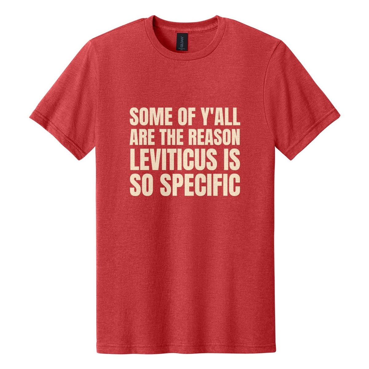 Some of Y'all Are the Reason Leviticus Is So Specific tee in Red Mist, Anton font, Cream ink