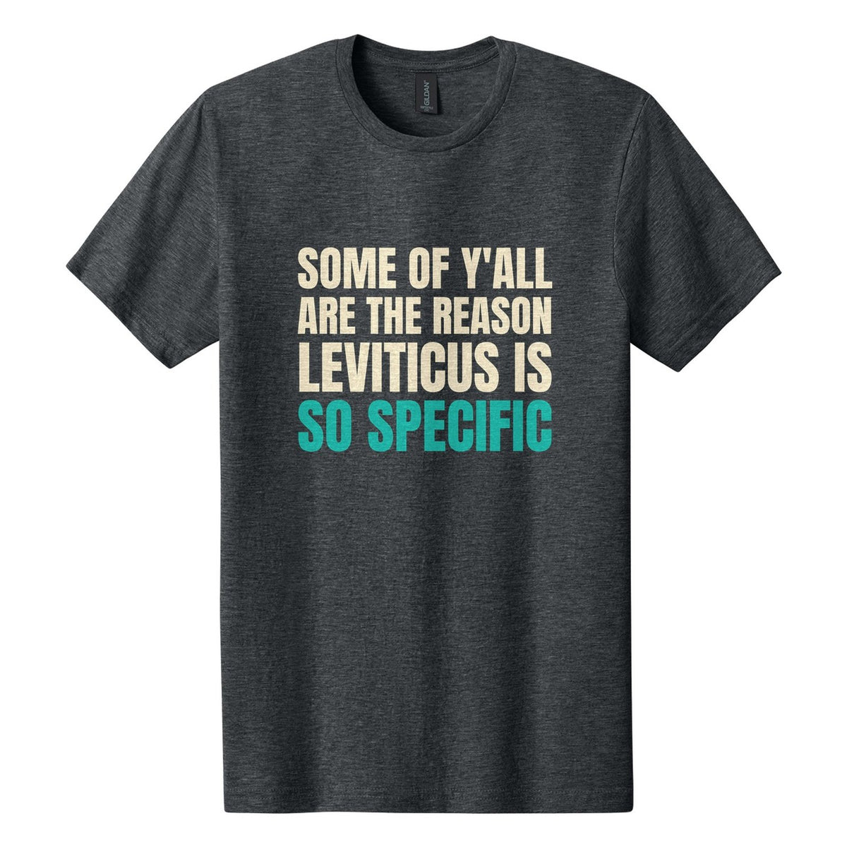 Some of Y'all Are the Reason Leviticus Is So Specific tee in Dark Heather, Anton font, Cream + Teal ink