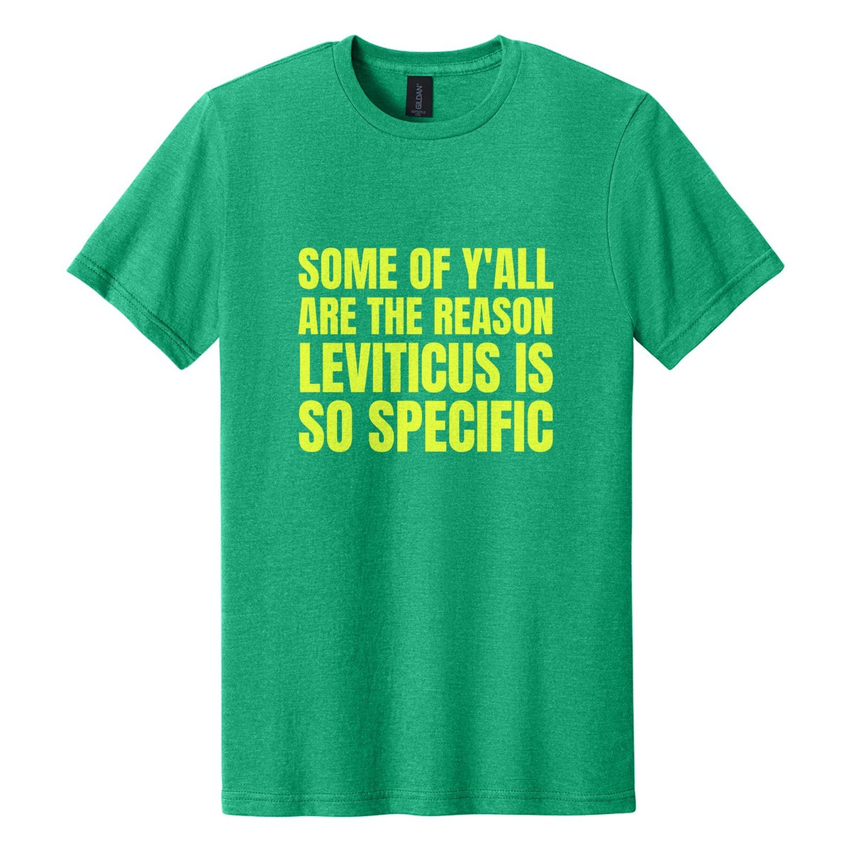 Some of Y'all Are the Reason Leviticus Is So Specific tee in Kelly Mist, Anton font, Neon Yellow ink