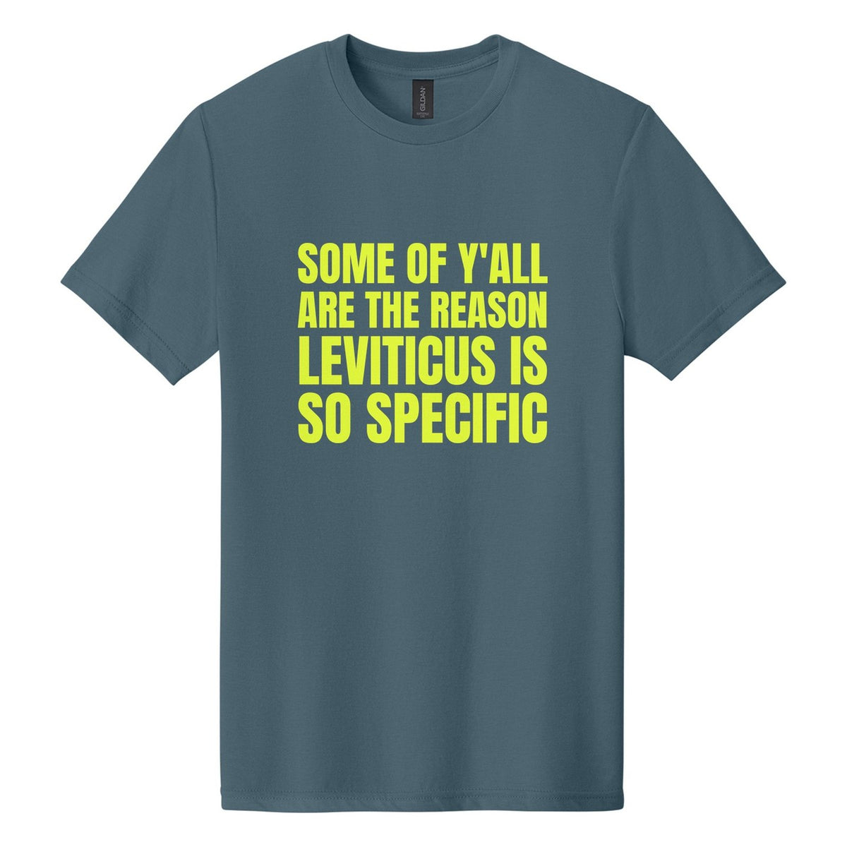 Some of Y'all Are the Reason Leviticus Is So Specific tee in Steel Blue, Anton font, Neon Yellow ink