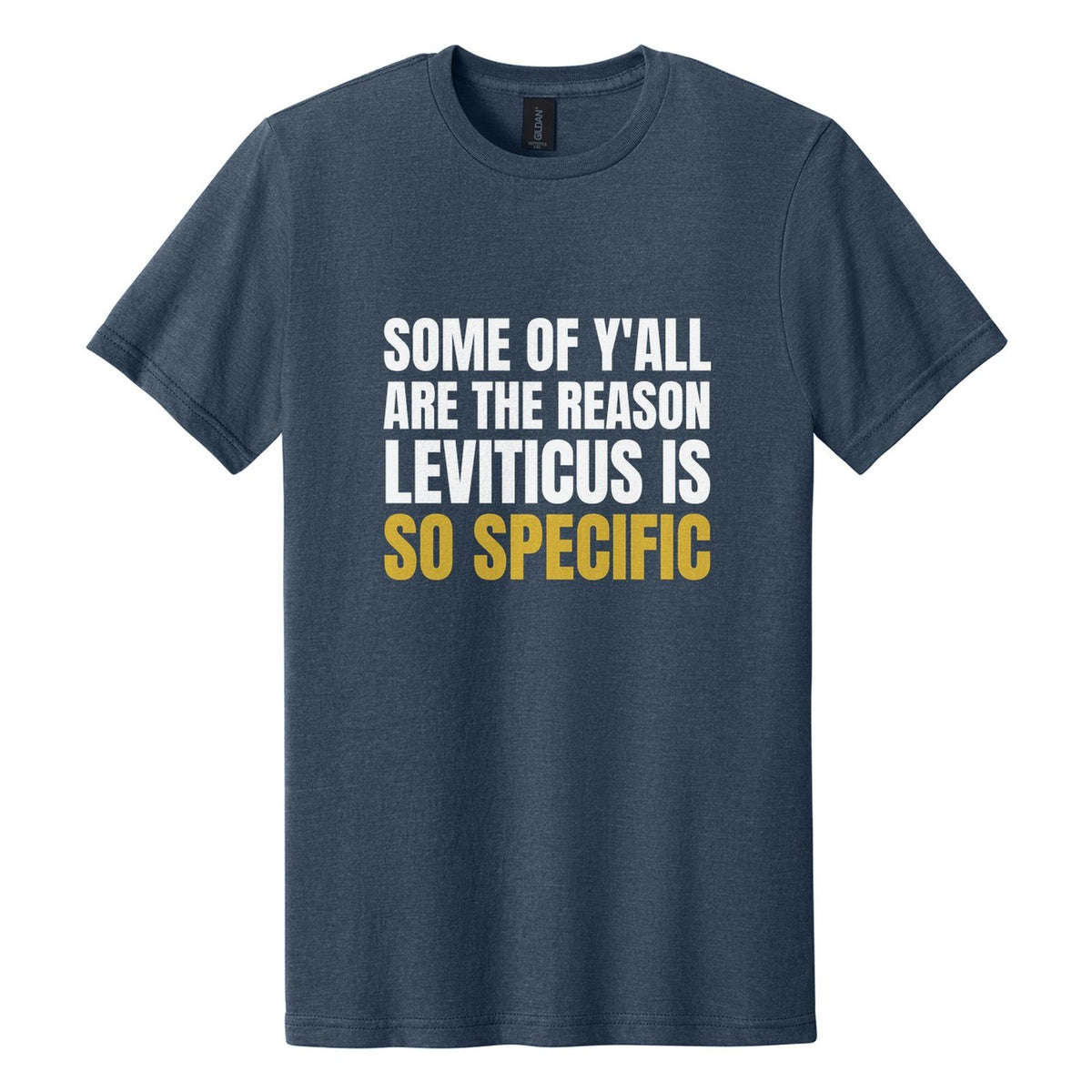 Some of Y'all Are the Reason Leviticus Is So Specific tee in Navy Mist, Anton font, White + Metallic Gold ink