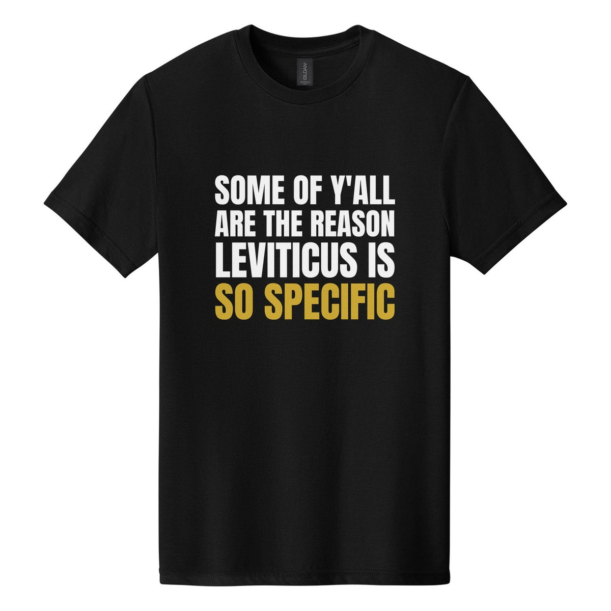 Some of Y'all Are the Reason Leviticus Is So Specific tee in Pitch Black, Anton font, White + Metallic Gold ink