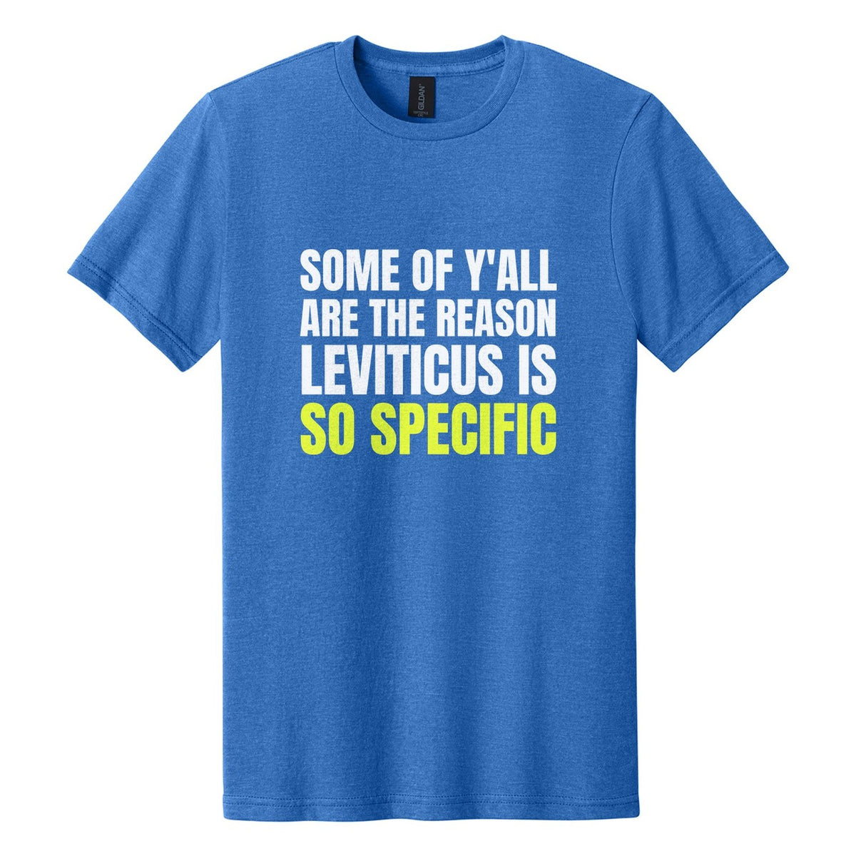 Some of Y'all Are the Reason Leviticus Is So Specific tee in Royal Mist, Anton font, White + Neon Yellow ink