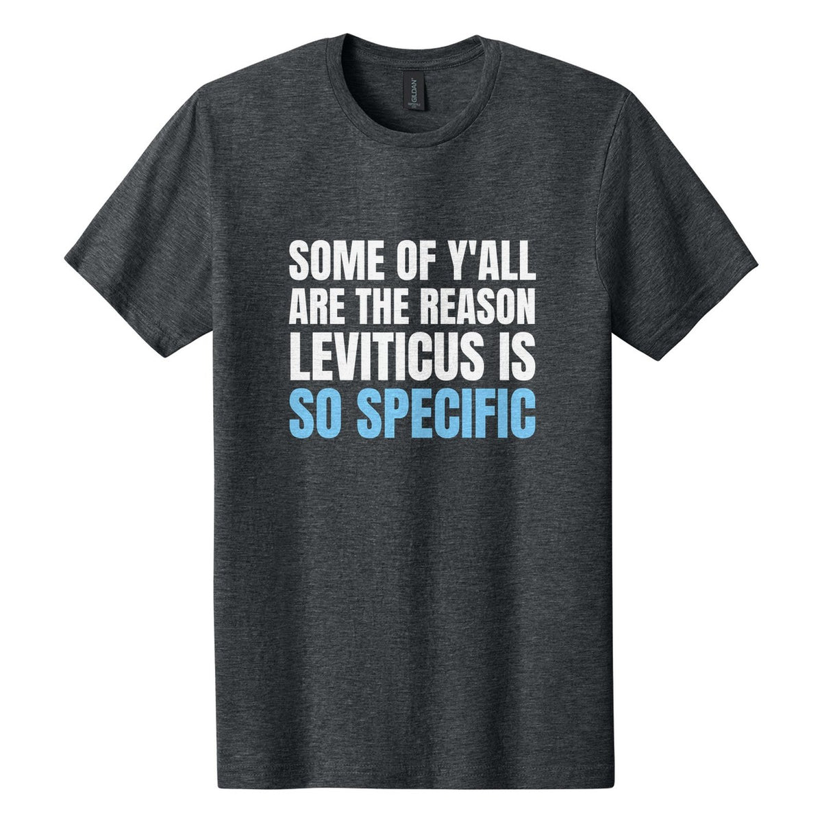 Some of Y'all Are the Reason Leviticus Is So Specific tee in Dark Heather, Anton font, White + Sky Blue ink