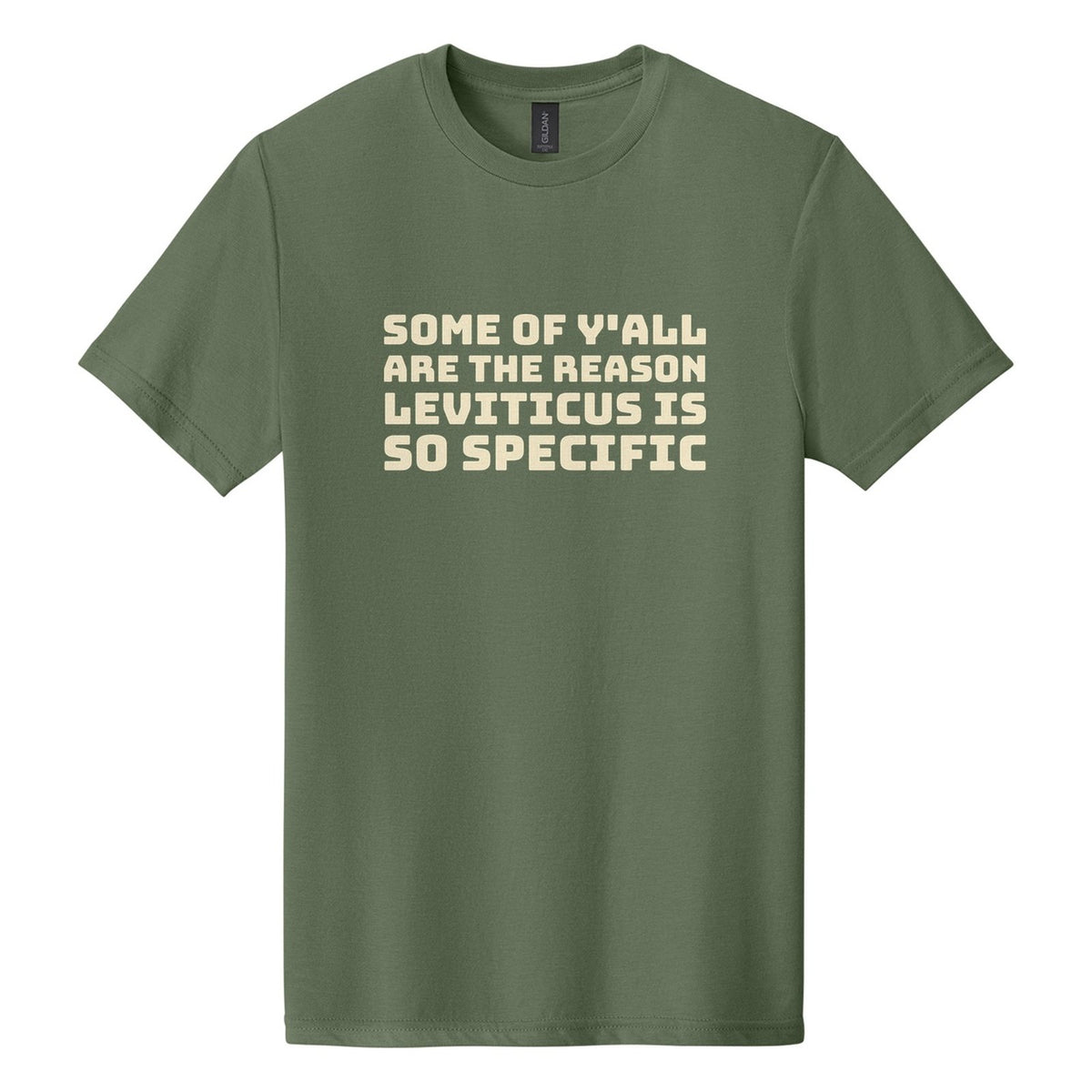 Some of Y'all Are the Reason Leviticus Is So Specific tee in Cactus, Bungee font, Cream ink