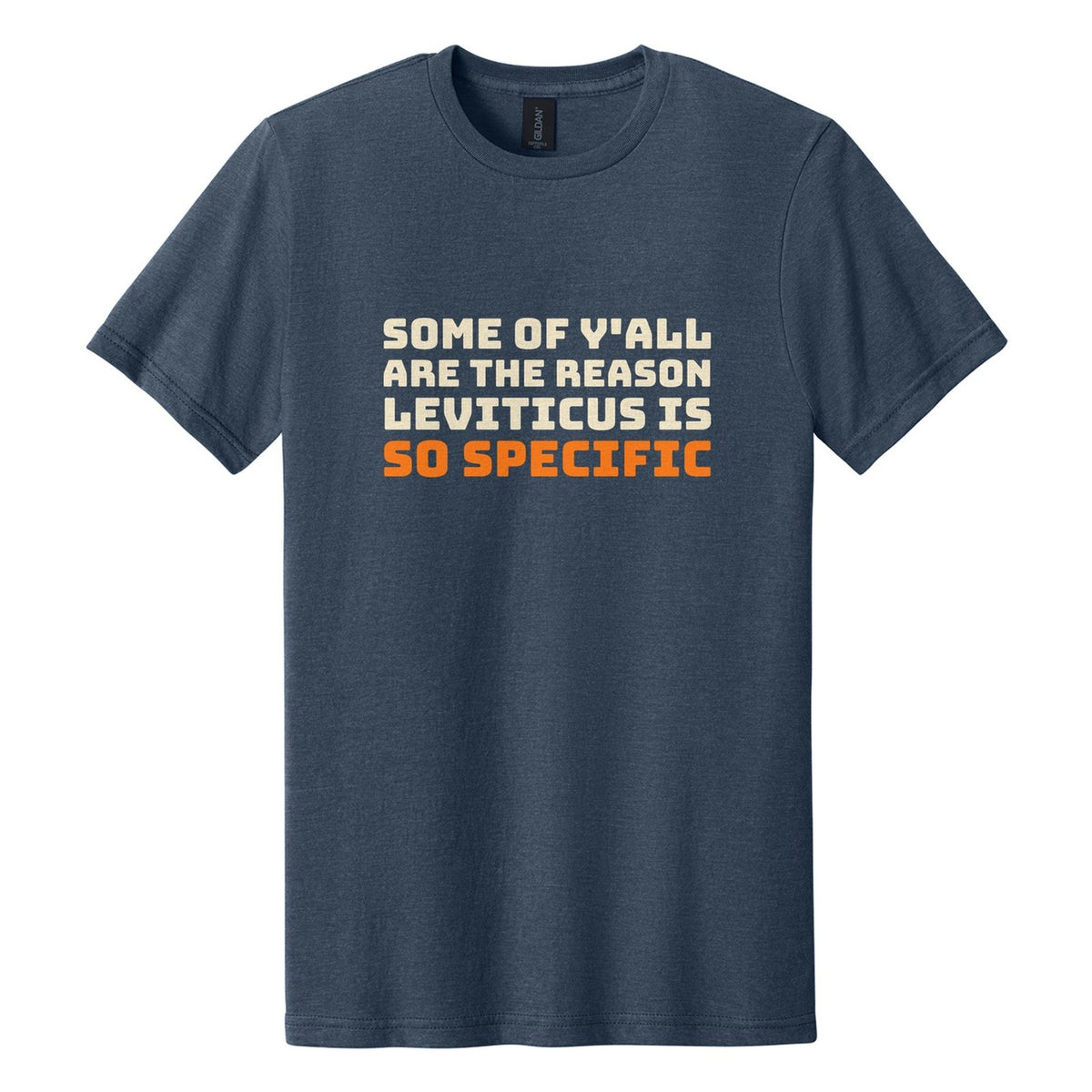 Some of Y'all Are the Reason Leviticus Is So Specific tee in Navy Mist, Bungee font, Cream + Orange ink