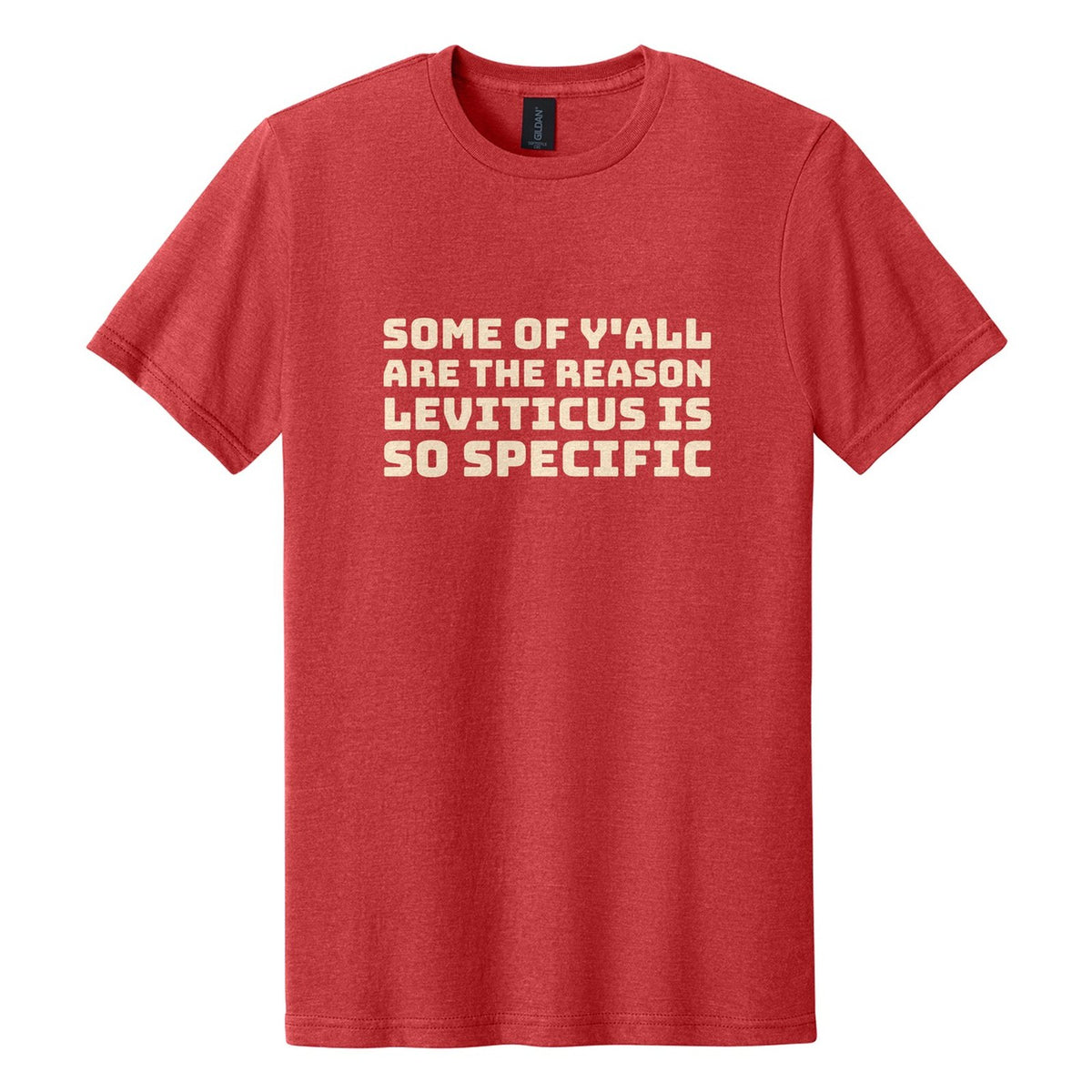 Some of Y'all Are the Reason Leviticus Is So Specific tee in Red Mist, Bungee font, Cream ink