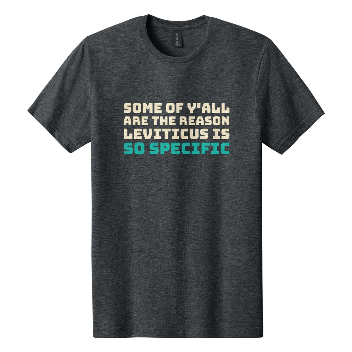 Some of Y'all Are the Reason Leviticus Is So Specific tee in Dark Heather, Bungee font, Cream + Teal ink