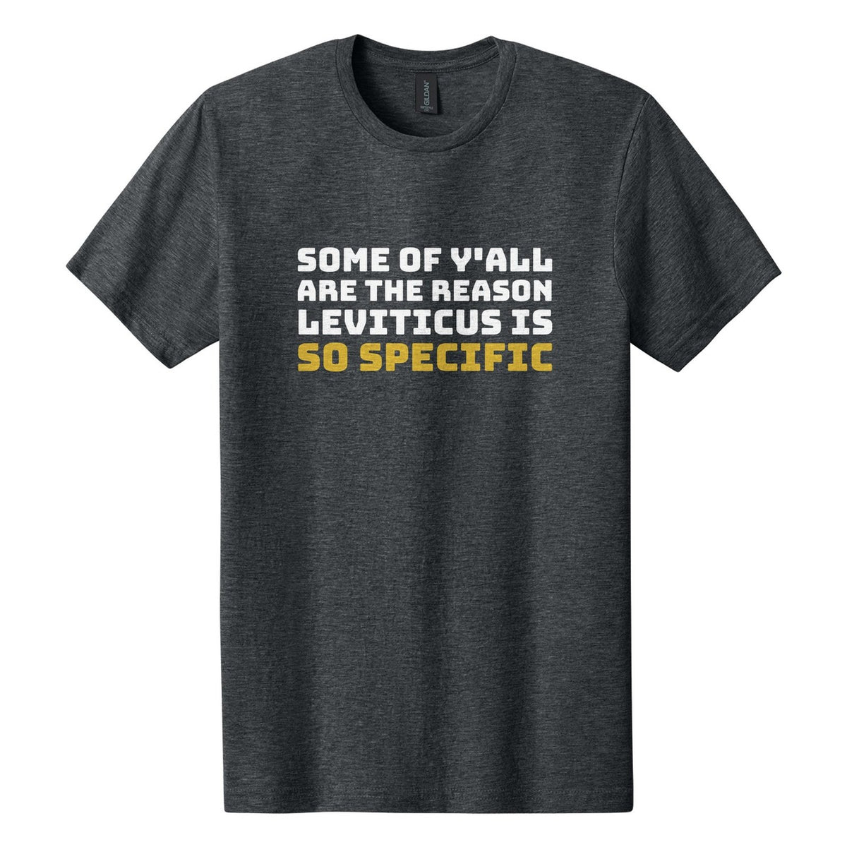 Some of Y'all Are the Reason Leviticus Is So Specific tee in Dark Heather, Bungee font, White + Metallic Gold ink
