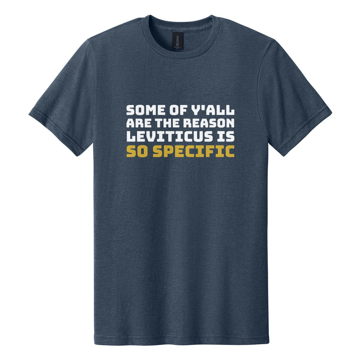 Some of Y'all Are the Reason Leviticus Is So Specific tee in Navy Mist, Bungee font, White + Metallic Gold ink