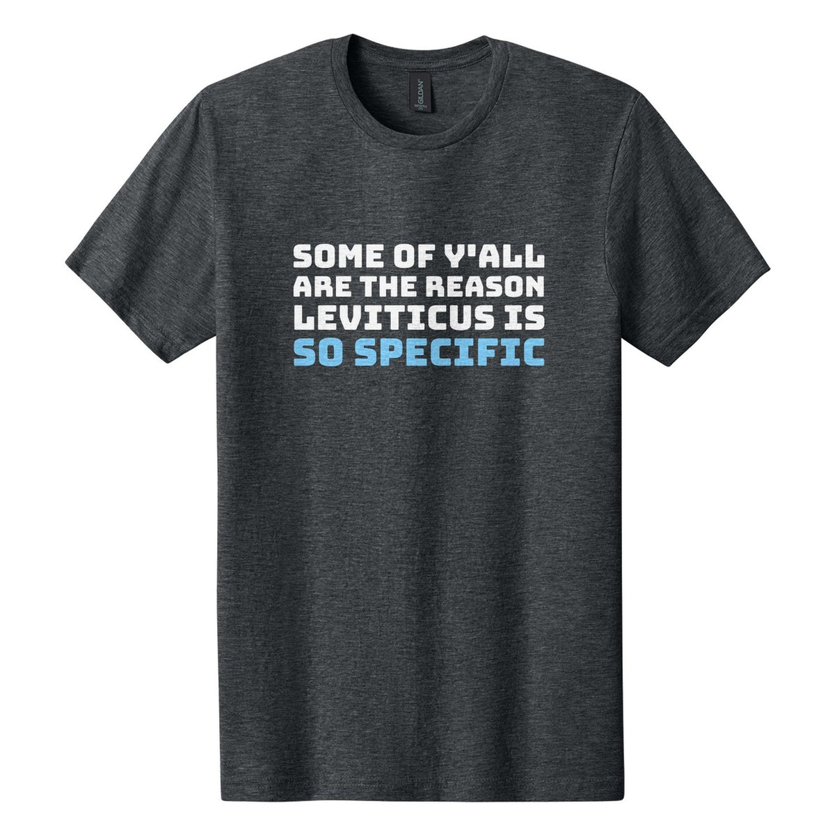 Some of Y'all Are the Reason Leviticus Is So Specific tee in Dark Heather, Bungee font, White + Sky Blue ink