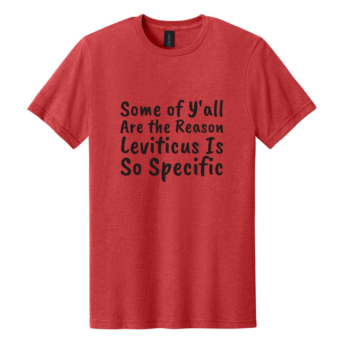 Some of Y'all Are the Reason Leviticus Is So Specific tee in Red Mist, Caveat Brush font, Black ink