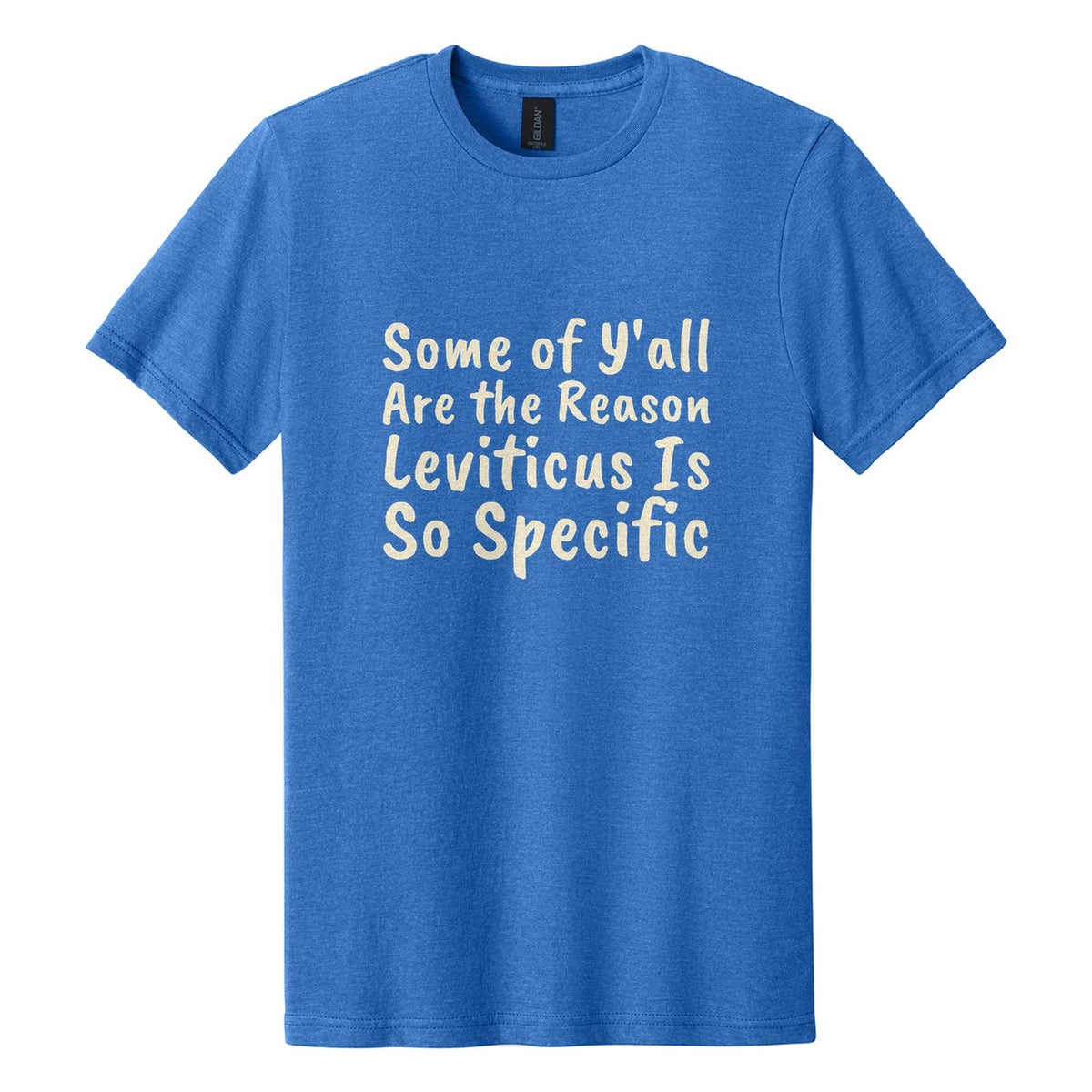 Some of Y'all Are the Reason Leviticus Is So Specific tee in Royal Mist, Caveat Brush font, Cream ink