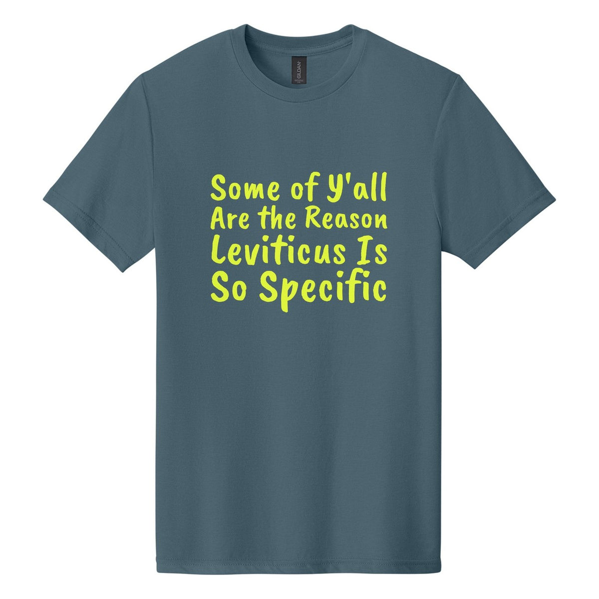 Some of Y'all Are the Reason Leviticus Is So Specific tee in Steel Blue, Caveat Brush font, Neon Yellow ink