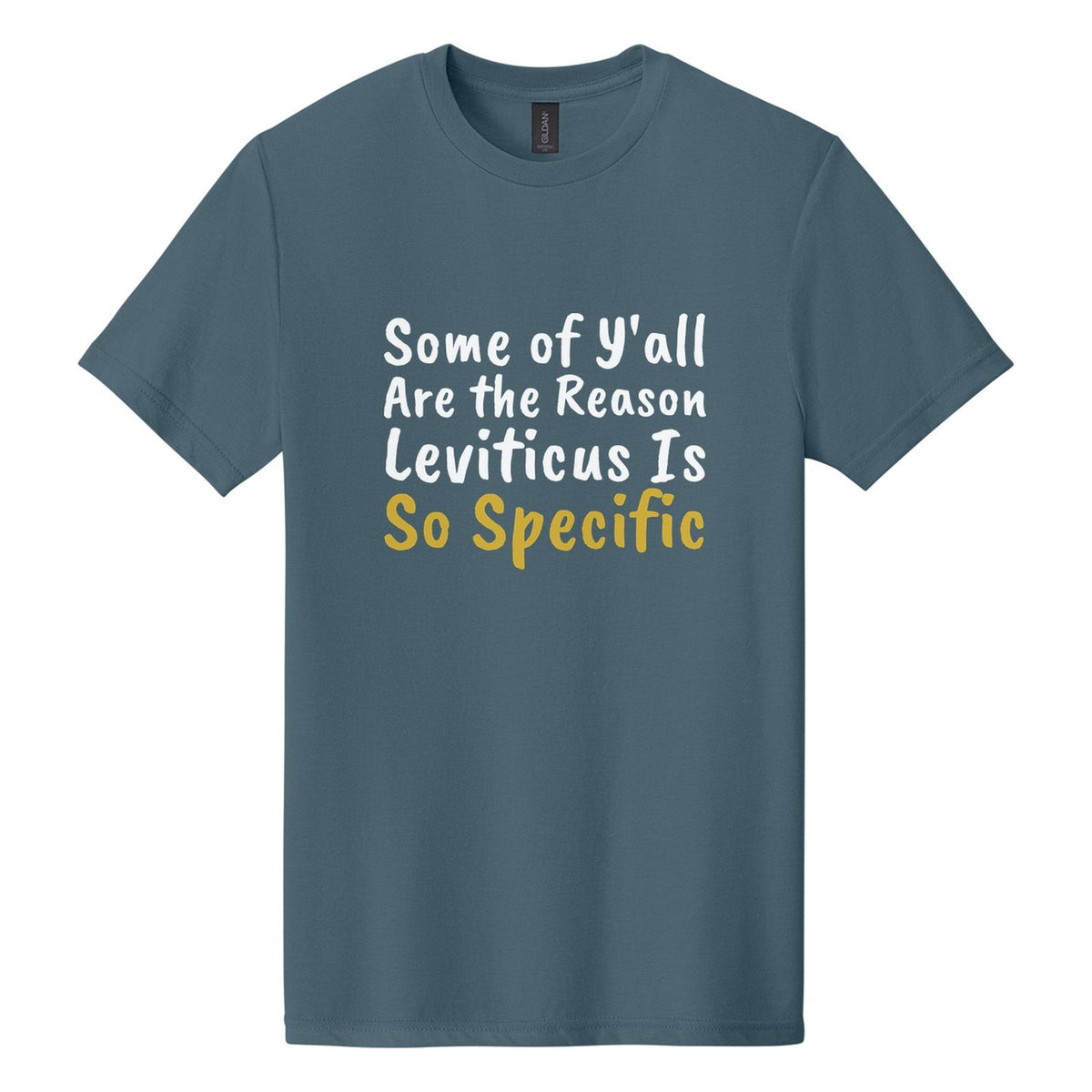 Some of Y'all Are the Reason Leviticus Is So Specific tee in Steel Blue, Caveat Brush font, White + Metallic Gold ink