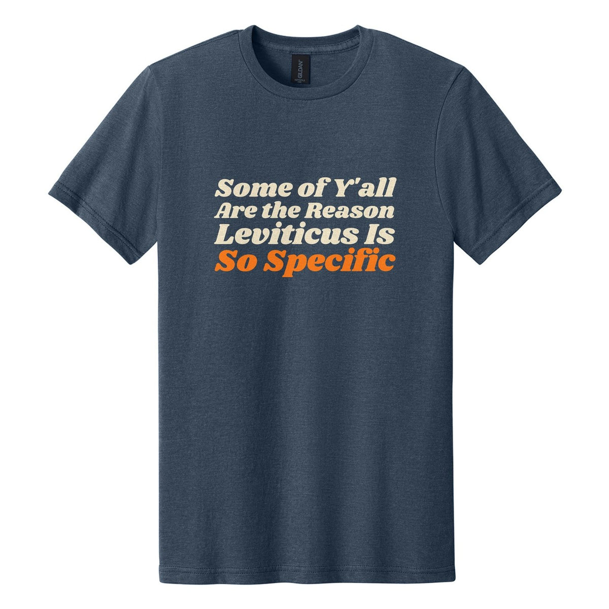 Some of Y'all Are the Reason Leviticus Is So Specific tee in Navy Mist, Shrikhand font, Cream + Orange ink