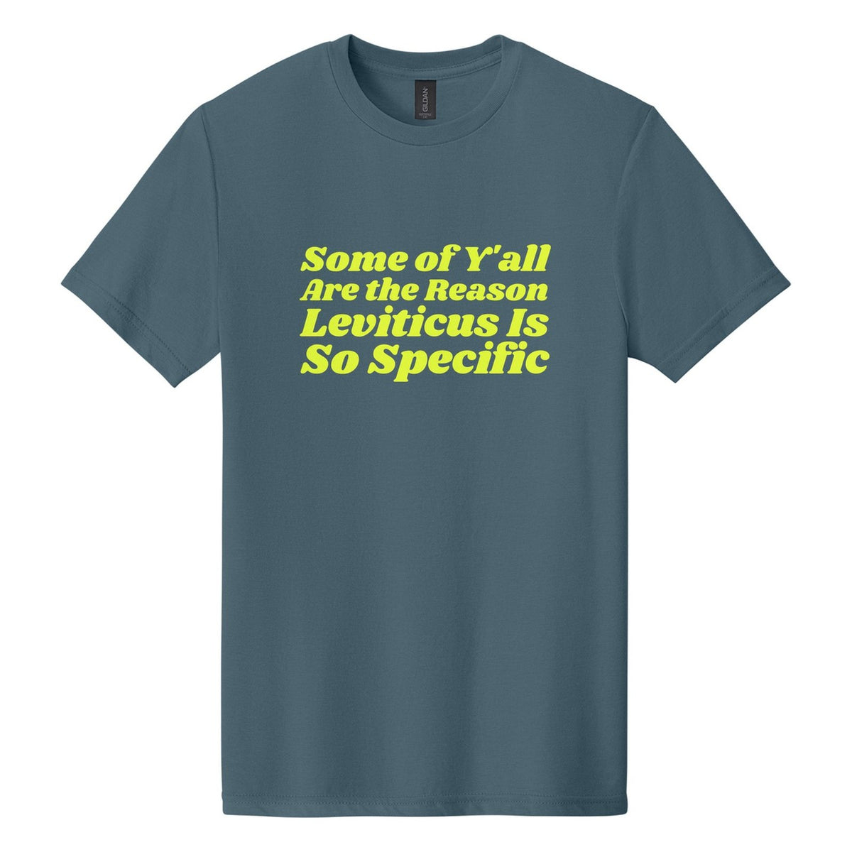 Some of Y'all Are the Reason Leviticus Is So Specific tee in Steel Blue, Shrikhand font, Neon Yellow ink