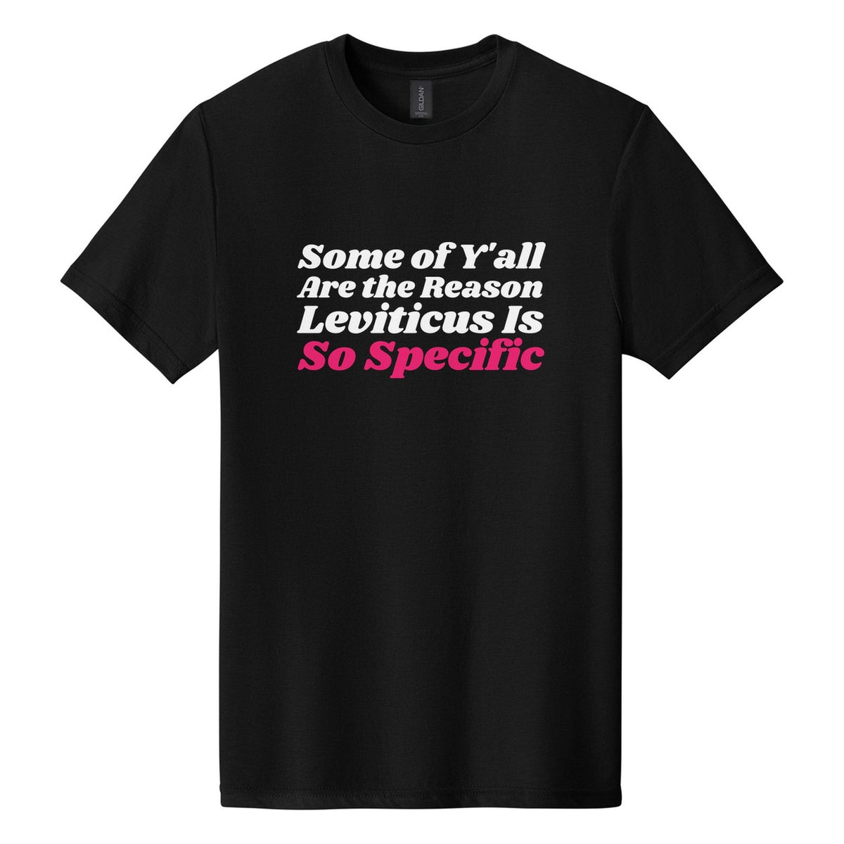 Some of Y'all Are the Reason Leviticus Is So Specific tee in Pitch Black, Shrikhand font, White + Hot Pink ink