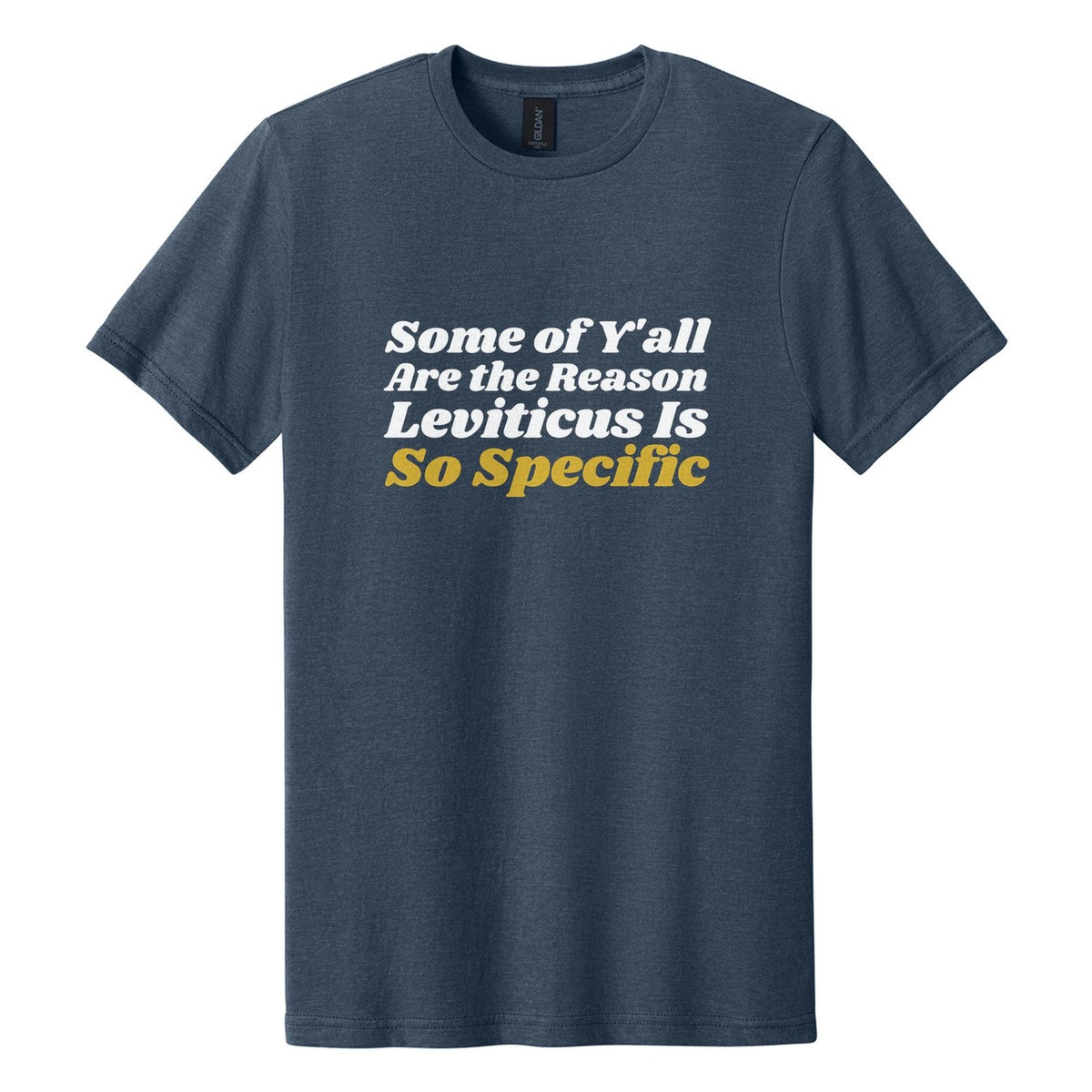 Some of Y'all Are the Reason Leviticus Is So Specific tee in Navy Mist, Shrikhand font, White + Metallic Gold ink