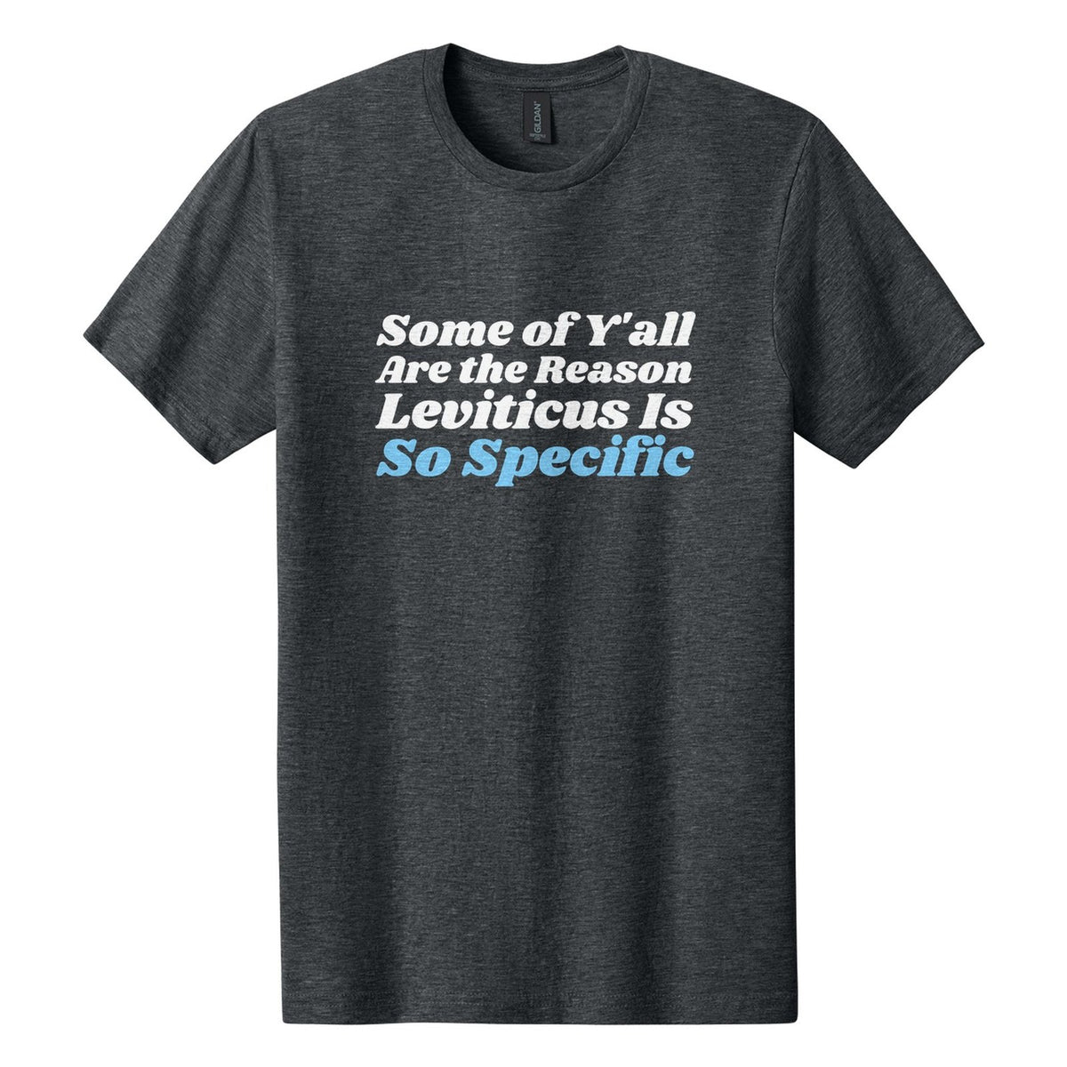 Some of Y'all Are the Reason Leviticus Is So Specific tee in Dark Heather, Shrikhand font, White + Sky Blue ink