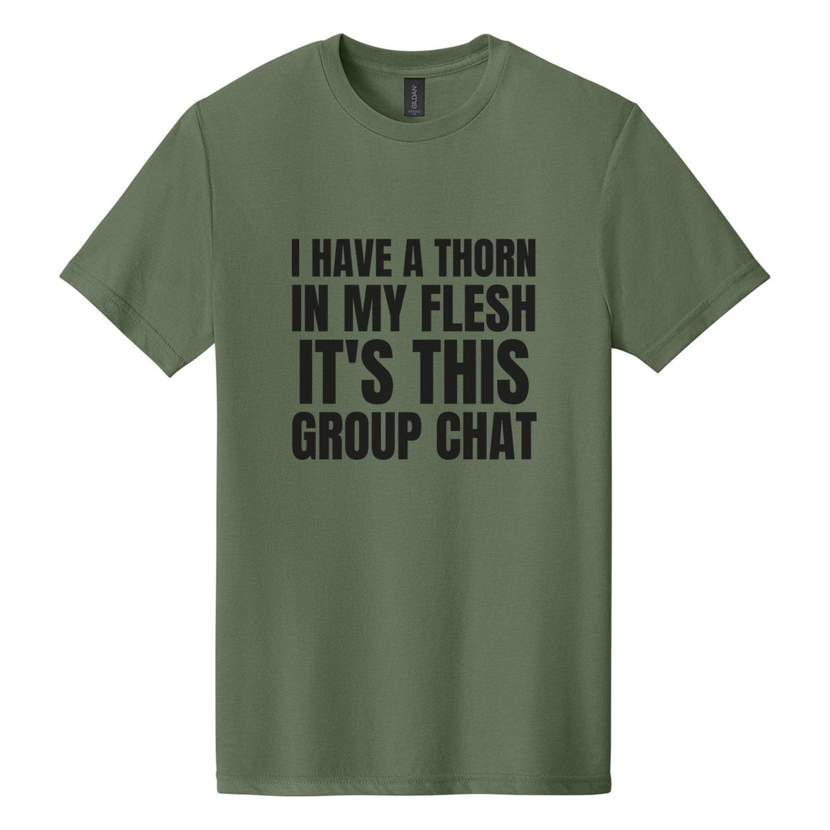 I Have a Thorn in My Flesh. It's This Group Chat tee in Cactus, Anton font, Black ink
