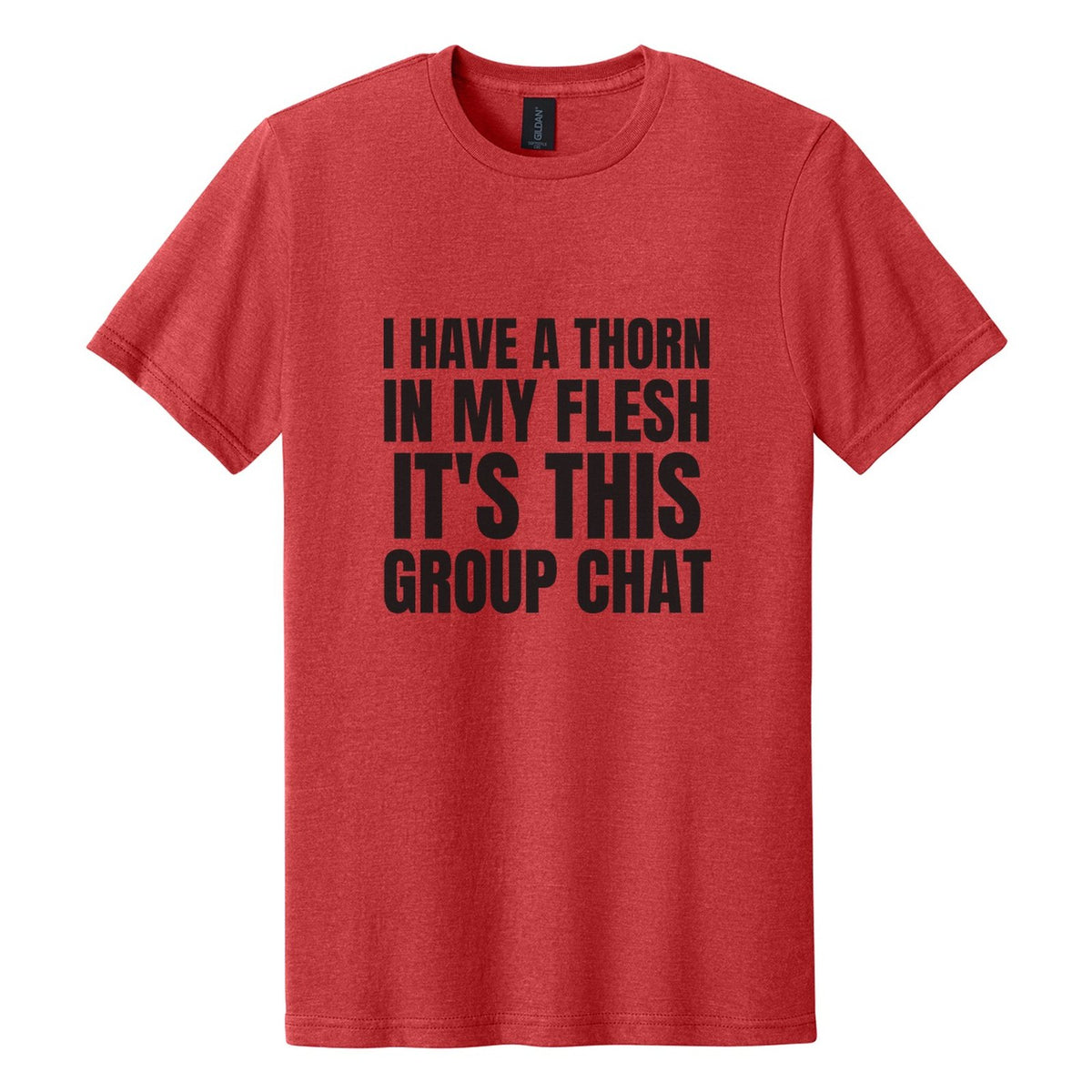 I Have a Thorn in My Flesh. It's This Group Chat tee in Red Mist, Anton font, Black ink