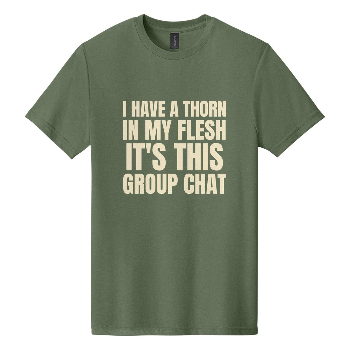 I Have a Thorn in My Flesh. It's This Group Chat tee in Cactus, Anton font, Cream ink