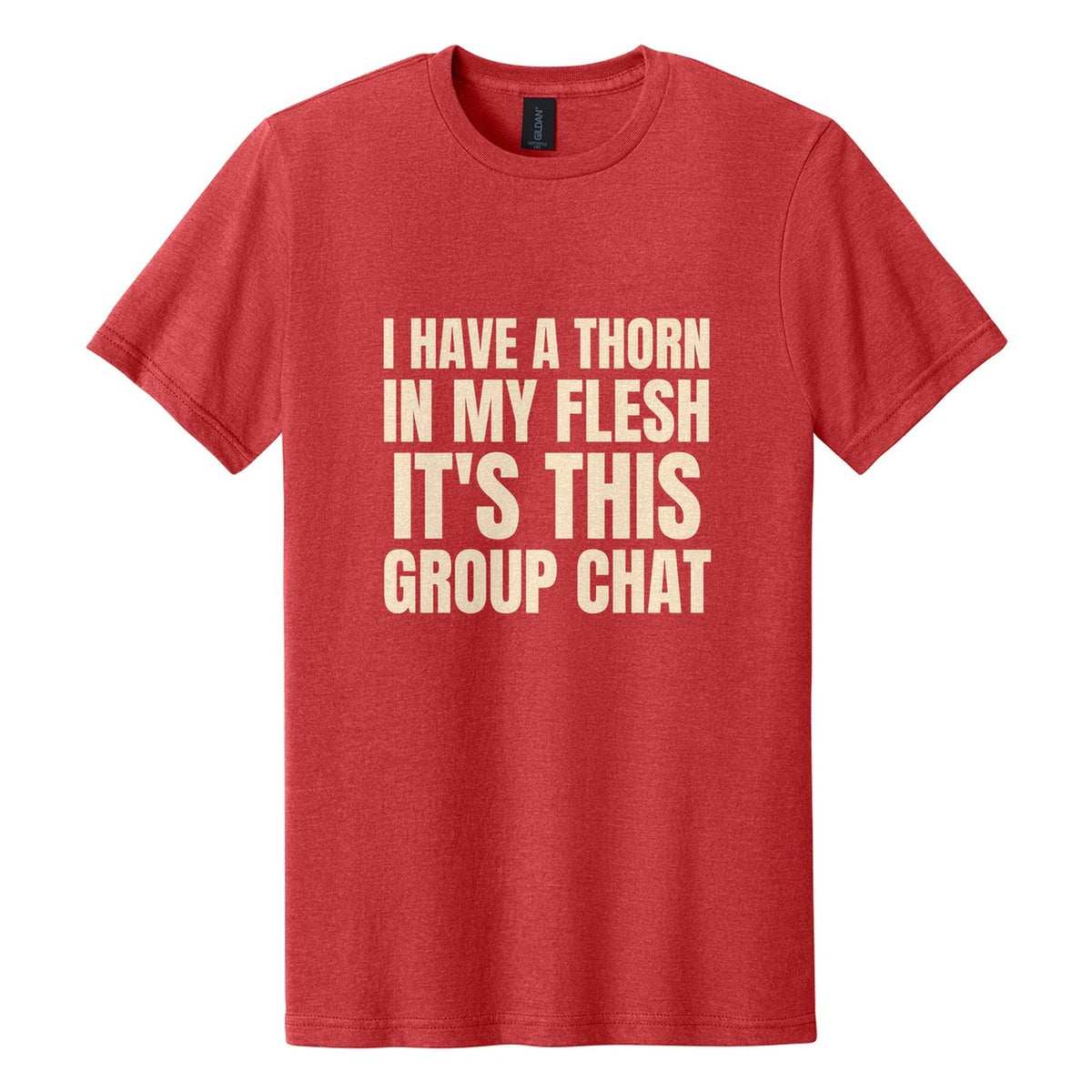 I Have a Thorn in My Flesh. It's This Group Chat tee in Red Mist, Anton font, Cream ink