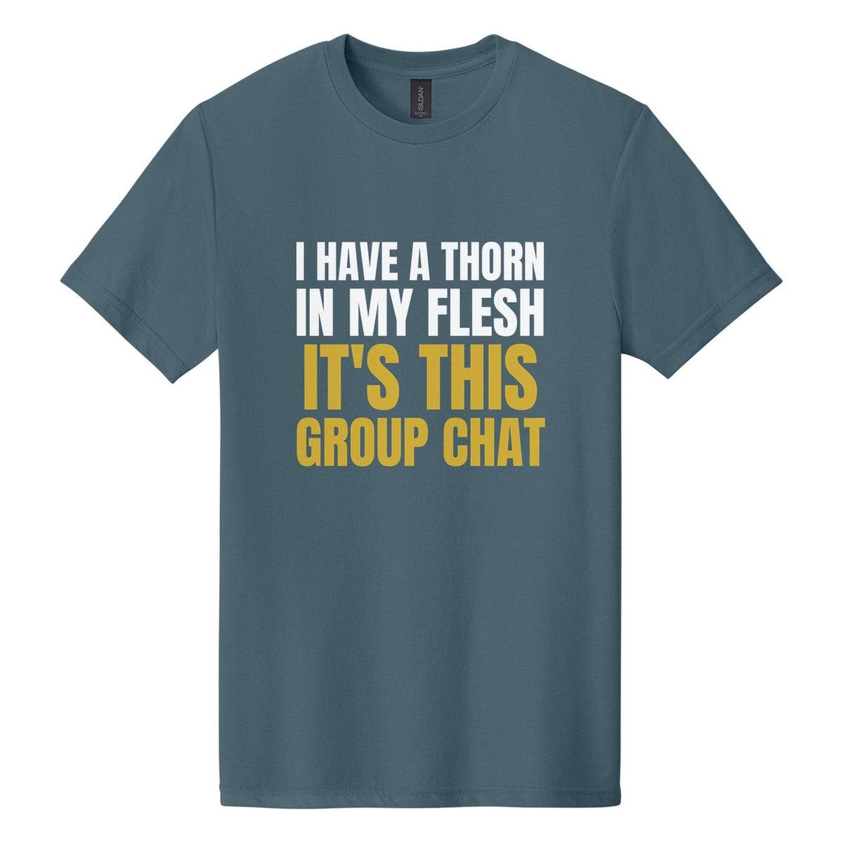 I Have a Thorn in My Flesh. It's This Group Chat tee in Steel Blue, Anton font, White + Metallic Gold ink