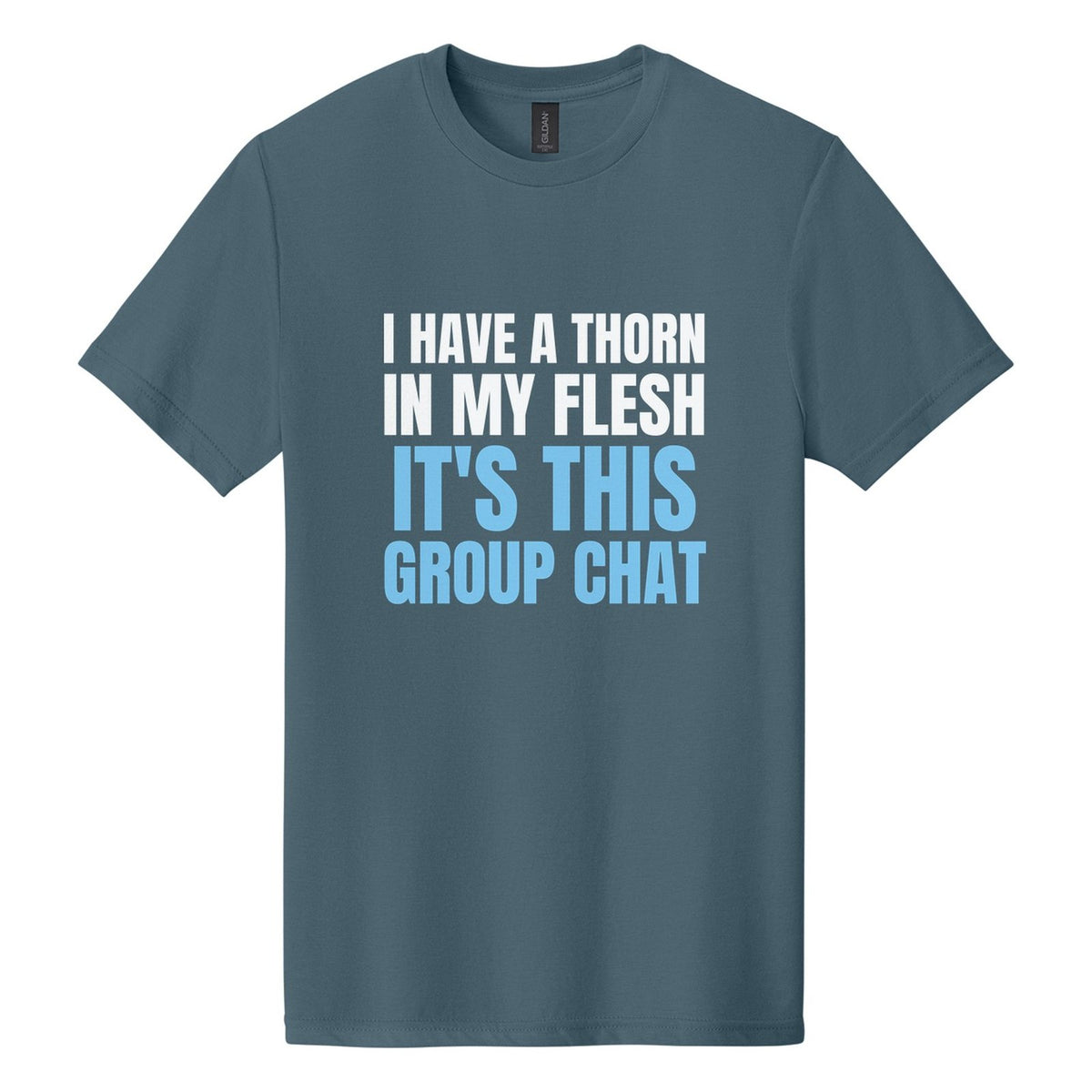 I Have a Thorn in My Flesh. It's This Group Chat tee in Steel Blue, Anton font, White + Sky Blue ink