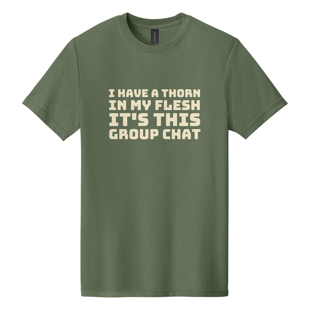 I Have a Thorn in My Flesh. It's This Group Chat tee in Cactus, Bungee font, Cream ink